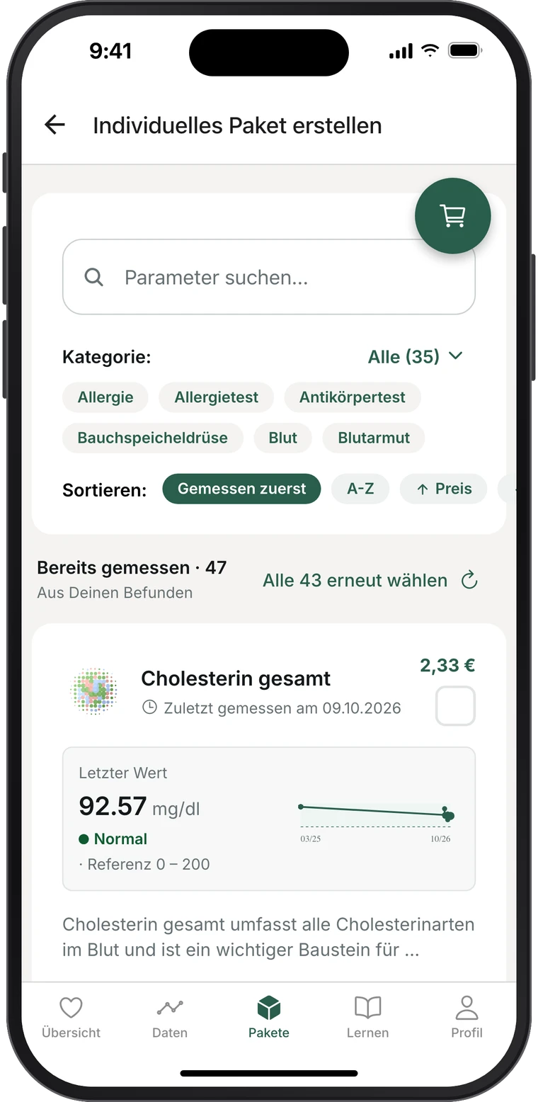 Prevent app showing the selection of individual lab values, each with price, latest result and history