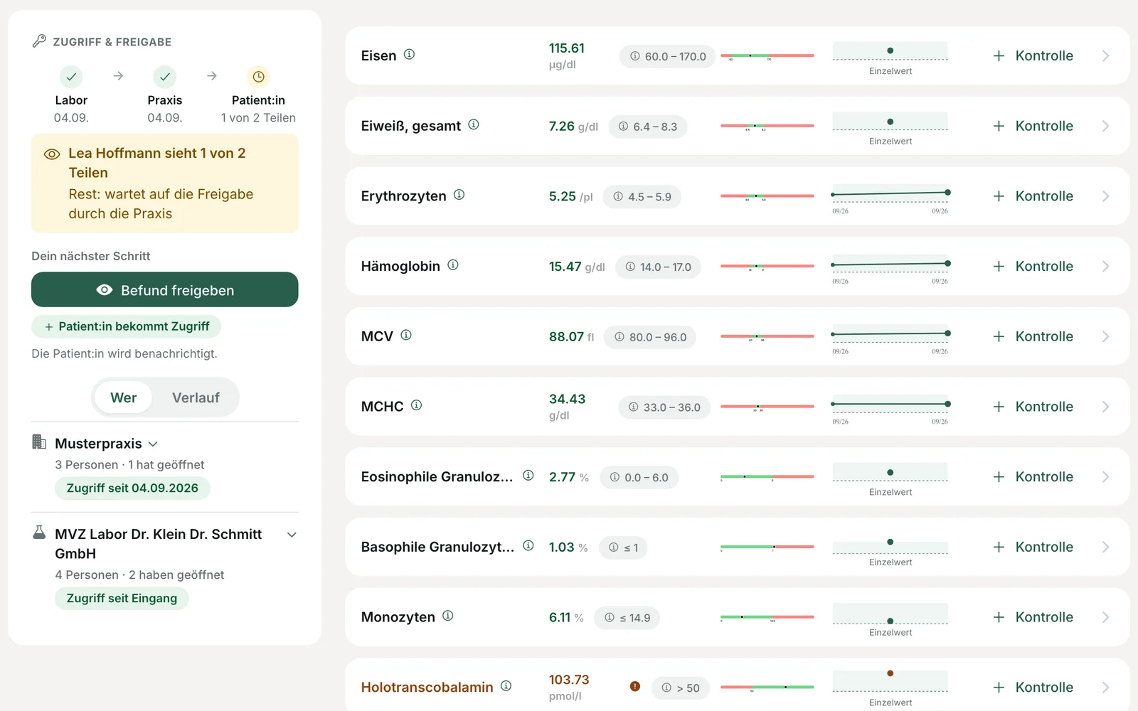 Report view with release status, a “Release report” button and lab values with reference range and history