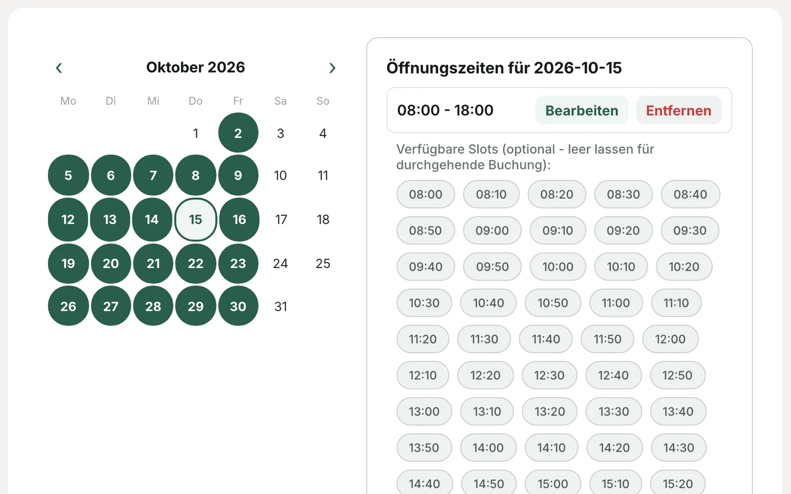 Calendar with enabled days and blood draw slots in ten-minute intervals