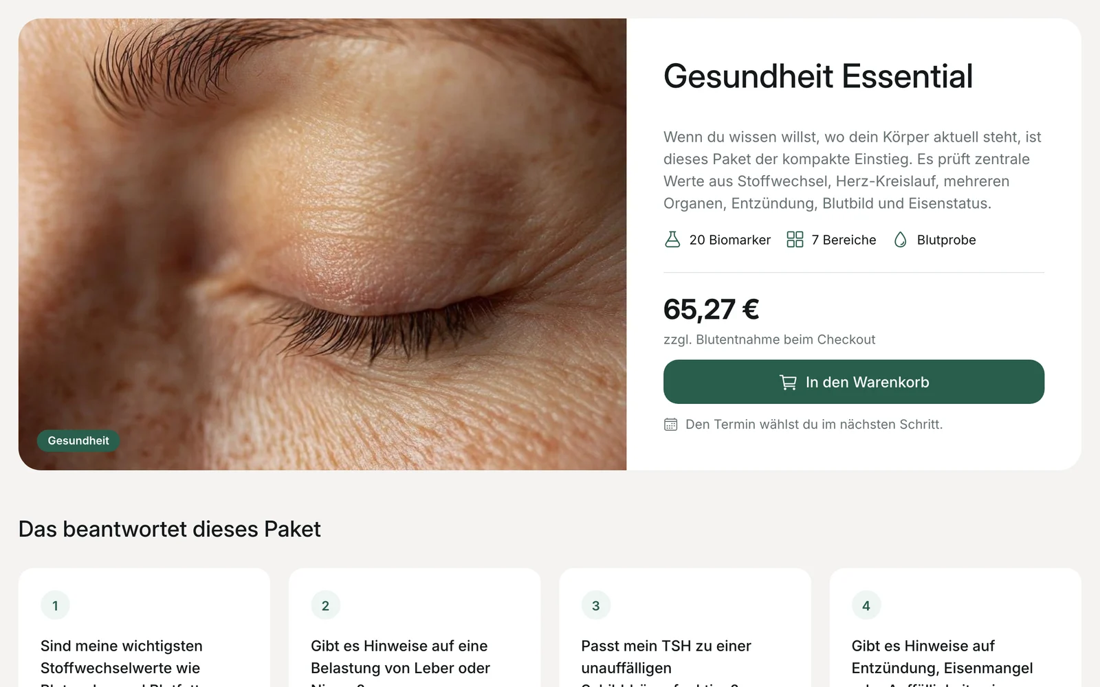 Package page in Prevent with description, number of biomarkers, price and an “Add to cart” button