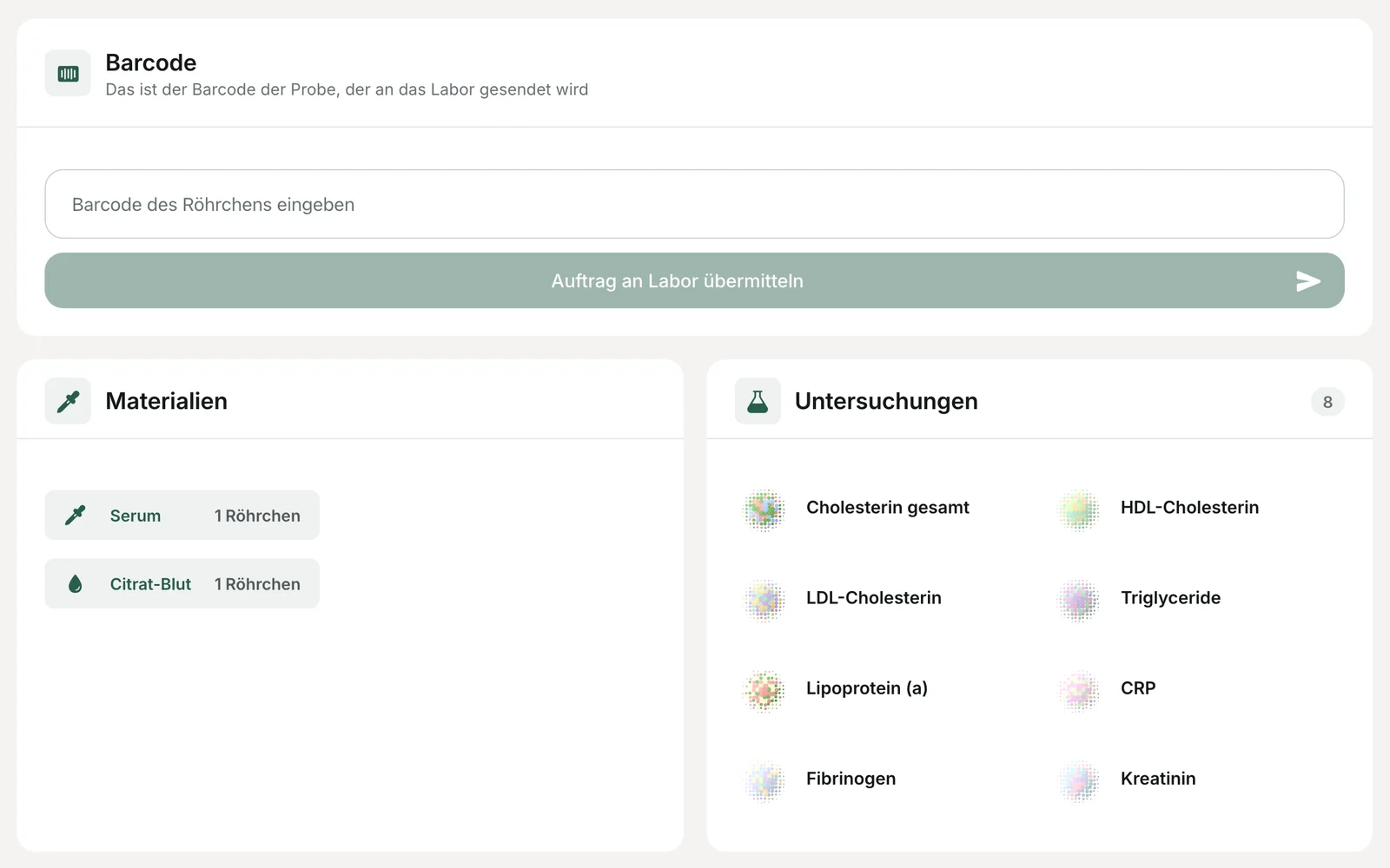 Appointment details with barcode field, button to send the order to the lab, the materials serum and citrate blood and eight booked tests